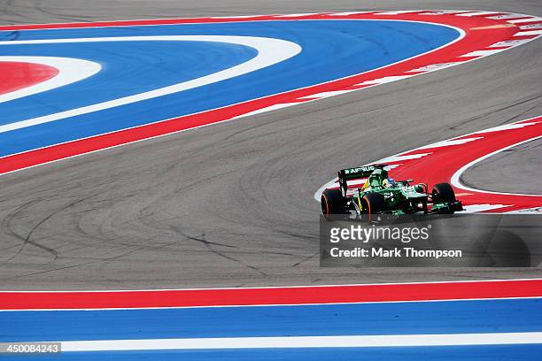 Charles Pic of France and Caterham drives during qualifying for the United States Formula One Grand Prix at Circuit of The Americas on November 16,...
