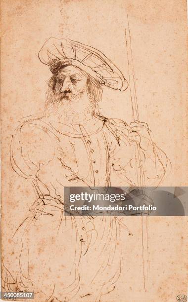 Bust of a Male Bearded Figure Wearing a Hat, Holding a Shaft in his Hands , by Giovan Francesco Barbieri known as il Guercino, 17th Century, pen.