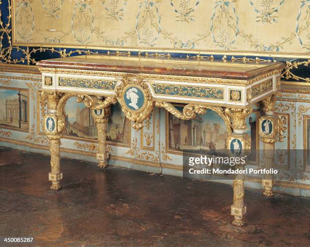 Wall table , by Giuseppe Maria Bonzanigo 18th Century, wood carved partially gilded and painted, marble top, 90 x 151 x 74 cm.