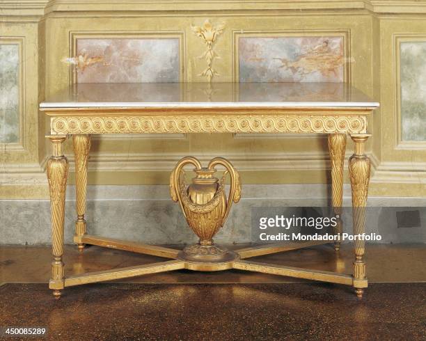 Wall table , by parmensan manifactory, 18th Century, wood carved and gilded, marble top.