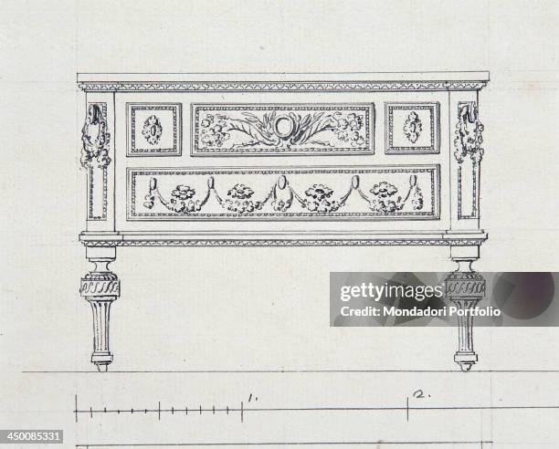 Project for the table in the apartment of the Duke of Aosta in Venaria Reale , by Carlo Rondoni 18th Century, drawing.