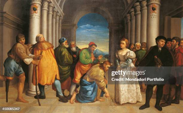 Jesus and the woman taken in adultery , by Jacopo da Ponte known as Bassano 16th Century, oil on canvas, 141 x 225 cm.