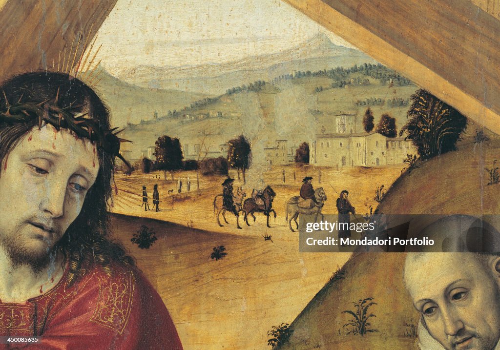 Italy, Lombardy, Pavia, Public Picture Gallery Malaspina. Detail. Human figures and hilly landscape in the background. The face of Christ wearing the crown of thorns on his head in the foreground, on the left.