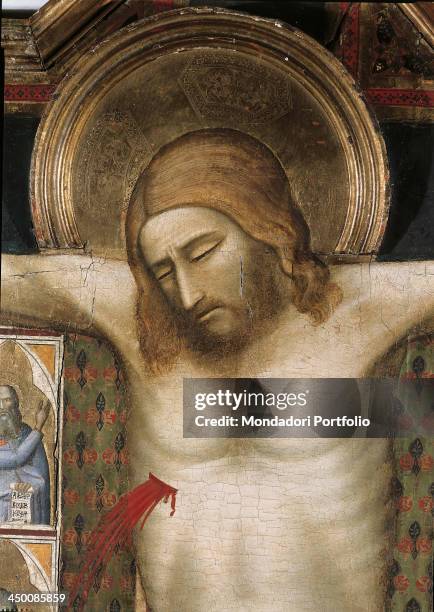 Crucifix , by Florentine artist, 1350 - 1400, 14th Century, tempera on board, 480 x 420 cm .
