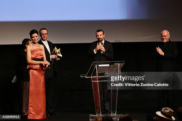 Hostess Anna Foglietta, Jury President James Gray, winner of the Golden MarcAurelio Award for Best Film, director Alberto Fasulo for his movie 'Tir'...