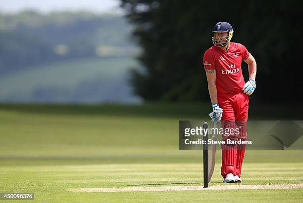 Andrew Flintoff of Lancashire second XI looks on during the Second XI t20 Semi Final match between Lancashire and Leicestershire on June 5, 2014 in...