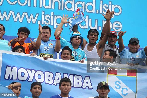 Fans of Sporting Cristal during a match between Union Comercio and Sporting Cristal as part of the Torneo Descentralizado at IDP of Moyabamba stadium...