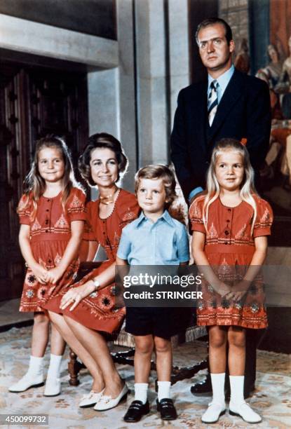 Prince Juan Carlos of Spain and Princess Sofia of Greece pose with their children Princess Elena, Prince Felipe and Princess Cristina in Madrid in...