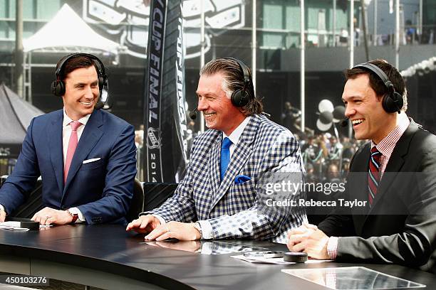 Network on-air talent Mike Johnson, Barry Melrose and Jamie McLennan host the pre-game show before Game One of the 2014 Stanley Cup Final at Staples...