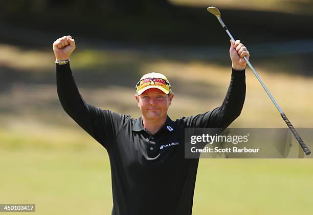 Jarrod Lyle of Australia celebrates as he makes the green on the 4th hole during round four of the 2013 Australian Masters at Royal Melbourne Golf...