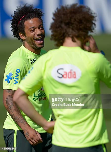 Marcelo smiles during a training session of the Brazilian national football team at the squad's Granja Comary training complex, in Teresopolis, 90 km...