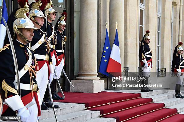 General view of the Republican Honor Guard of the Elysee Palace prior to a bilateral meeting between Queen Elizabeth II and French President Francois...