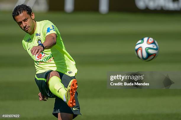 Fred in action during a training session of the Brazilian national football team at the squad's Granja Comary training complex, in Teresopolis, 90 km...