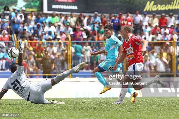 Irven Avila scores during a match between Union Comercio and Sporting Cristal as part of the Torneo Descentralizado at IDP of Moyabamba stadium on...