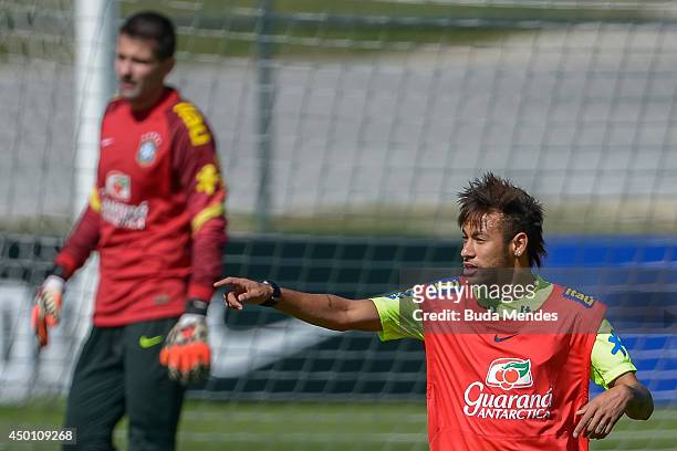 Neymar gestures during a training session of the Brazilian national football team at the squad's Granja Comary training complex, in Teresopolis, 90...