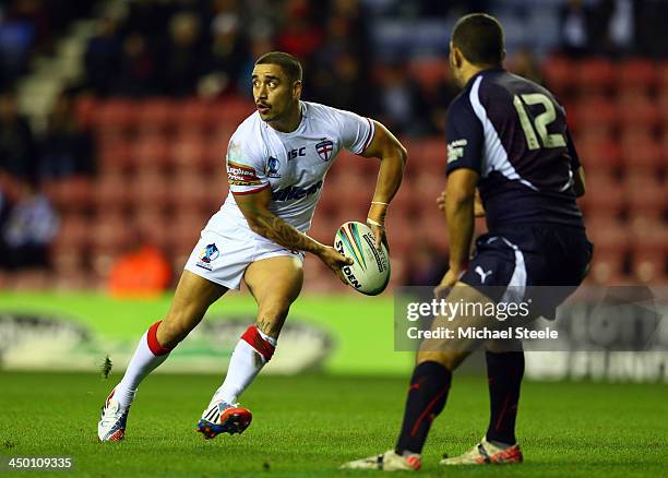 Rangi Chase of England during the Rugby League World Cup Quarter Final match between England and France at the DW Stadium on November 16, 2013 in...