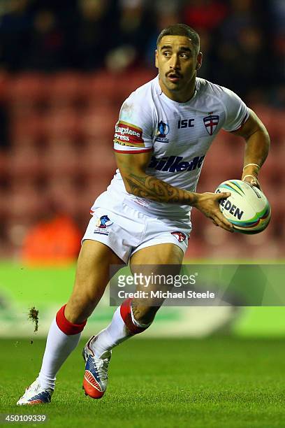 Rangi Chase of England during the Rugby League World Cup Quarter Final match between England and France at the DW Stadium on November 16, 2013 in...