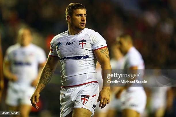 Michael McIlorum of England during the Rugby League World Cup Quarter Final match between England and France at the DW Stadium on November 16, 2013...