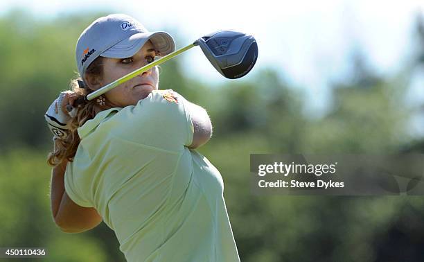 Anya Alvarez hits her tee shot on the eighth hole during the first round of the Manulife Financial LPGA Classic at the Grey Silo Golf Course on June...