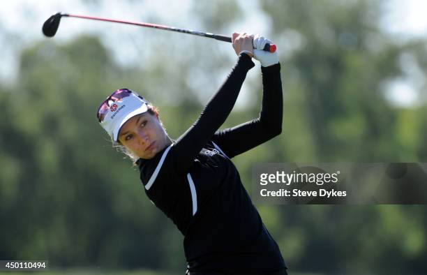 Alejandra Llaneza, of Mexico, hits her tee shot on the ninth hole during the first round of the Manulife Financial LPGA Classic at the Grey Silo Golf...