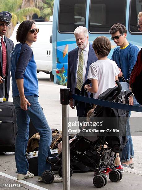 June 02: Jennifer Connelly with children, Kai Dugan, Stellan Bettany and Agnes Lark Bettany are seen on June 02, 2013 in Los Angeles, CA.