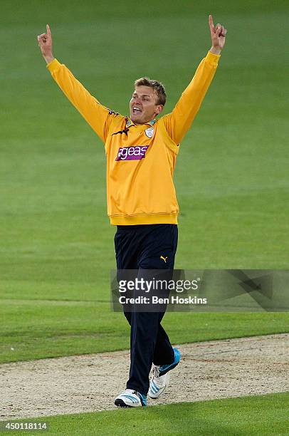 Danny Briggs of Hampshire celebrates taking a wicket during the Natwest T20 Blast match between Hampshire and Kent Spitfires at Ageas Bowl on June 5,...