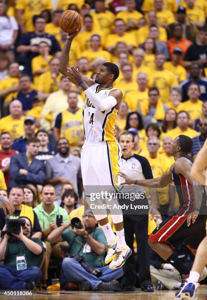 Paul George of the Indiana Pacers takes a shot against the Miami Heat during Game Five of the Eastern Conference Finals of the 2014 NBA Playoffs at...