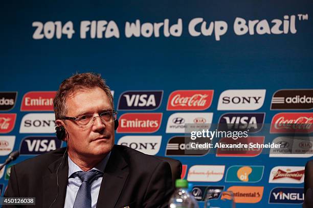 Jerome Valcke, General Secretary of FIFA speaks to the media during a press conference following the last session of the Organising Committee for the...