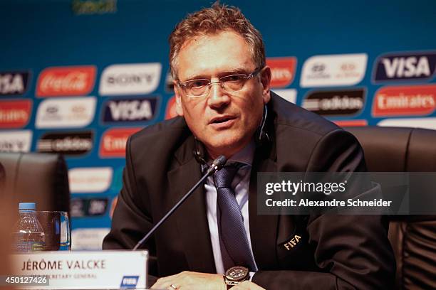 Jerome Valcke, General Secretary of FIFA speaks to the media during a press conference following the last session of the Organising Committee for the...