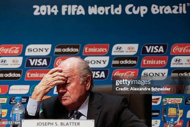 President of FIFA Joseph Blatter speaks to the media during a press conference following the last session of the Organising Committee for the FIFA...