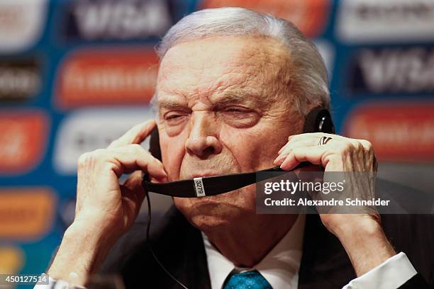 President of the Local Organising Committee of the FIFA World Cup Jose Maria Marin speaks to the media during a press conference following the last...