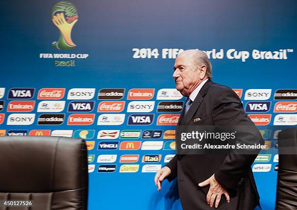 President of FIFA Joseph Blatter leaves the press conference following the last session of the Organising Committee for the FIFA World Cup at the...