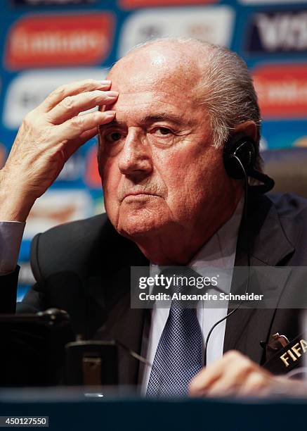 President of FIFA Joseph Blatter speaks to the media during a press conference following the last session of the Organising Committee for the FIFA...