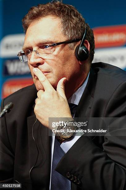Jerome Valcke, General Secretary of FIFA speaks to the media during a press conference following the last session of the Organising Committee for the...