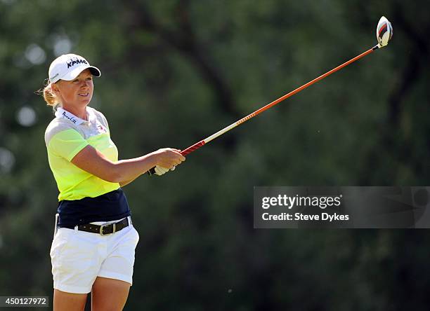 Stacy Lewis hits her drive on the fifth hole during the first round of the Manulife Financial LPGA Classic at the Grey Silo Golf Course on June 5,...