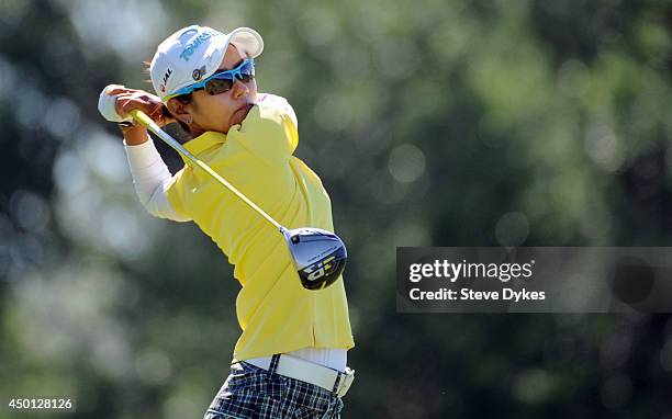 Ai Miyazato of Japan hits her drive on the fifth hole during the first round of the Manulife Financial LPGA Classic at the Grey Silo Golf Course on...