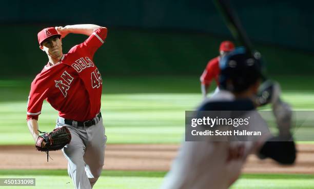 Tyler Skaggs of the Los Angeles Angels of Anaheim throws a pitch in the first inning to George Springer of the Houston Astros during their game at...