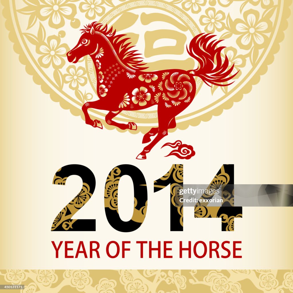 Chinese Paper-cut Art Horse and Floral Background