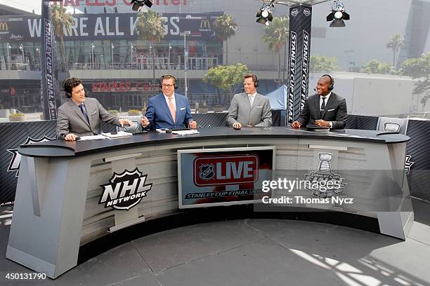 Network on-air talent Steve Mears, E.J. Hradek, Martin Biron and Kevin Weekes host NHL Live during the 2014 Stanley Cup Final at Staples Center on...