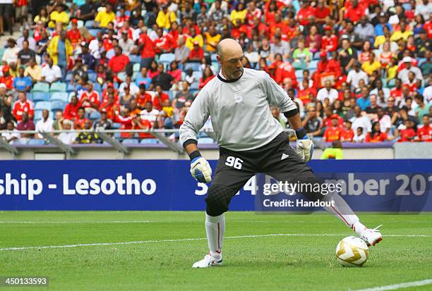 Bruce Grobbelaar during the Legends match between Liverpool FC Legends and Kaizer Chiefs Legends at Moses Mabhida Stadium on November 16, 2013 in...