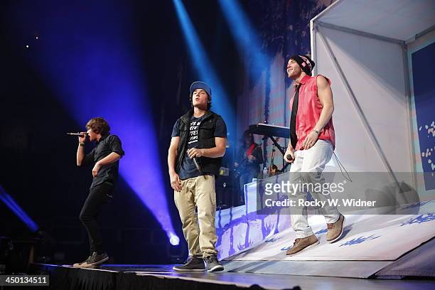 Keaton Stromberg, Wesley Stromberg and Drew Chadwick of Emblem3 perform in concert at the SAP Center on November 10, 2013 in San Jose, California.