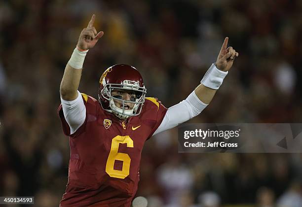 Quarterback Cody Kessler of the USC Trojans celebrates after kicker Andre Heidari of the USC Trojans kicked the go ahead field goal in the closing...