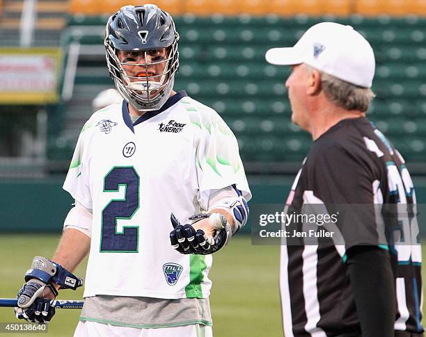 Brendan Mundorf of the Chesapeake Bayhawks has words with the official in their game against the Rochester Rattlers at Sahlen's Stadium on June 5,...