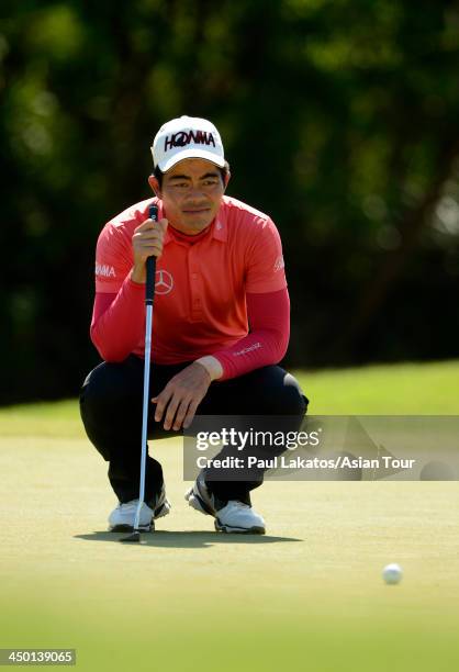 Liang Wen chong of China plays a shot during round four of the Resorts World Manila Masters at Manila Southwoods Golf and Country Club on November...