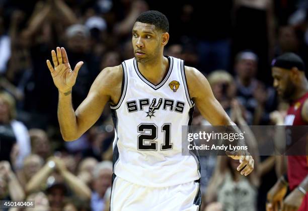 Tim Duncan of the San Antonio Spurs reacts after a basket against the Miami Heat during Game One of the 2014 NBA Finals at the AT&T Center on June 5,...