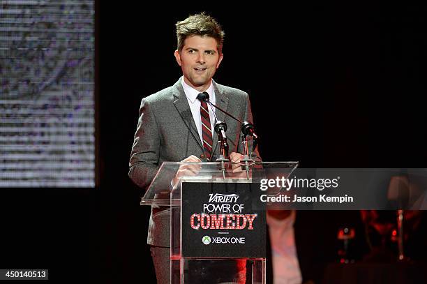 Actor Adam Scott speaks onstage during Variety's 4th Annual Power of Comedy presented by Xbox One benefiting the Noreen Fraser Foundation at Avalon...