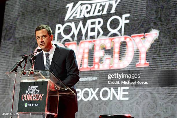 Honoree Jimmy Kimmel speaks onstage during Variety's 4th Annual Power of Comedy presented by Xbox One benefiting the Noreen Fraser Foundation at...