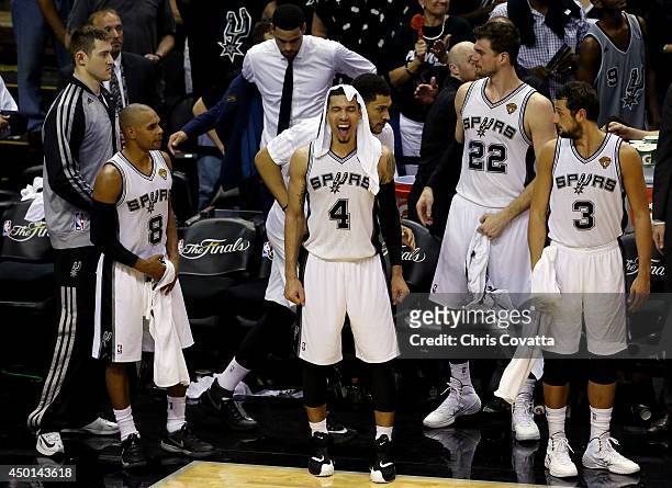 Danny Green of the San Antonio Spurs reacts against the Miami Heat during Game One of the 2014 NBA Finals at the AT&T Center on June 5, 2014 in San...