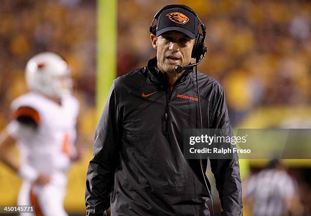 Head coach Mike Riley of the Oregon State Beavers walks the side line during the first quarter of their college football game against the Arizona...