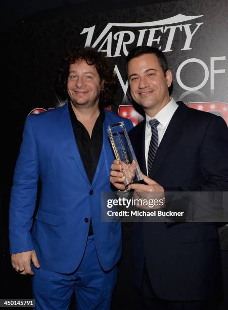 Host Jeffrey Ross and honoree Jimmy Kimmel attend Variety's 4th Annual Power of Comedy presented by Xbox One benefiting the Noreen Fraser Foundation...